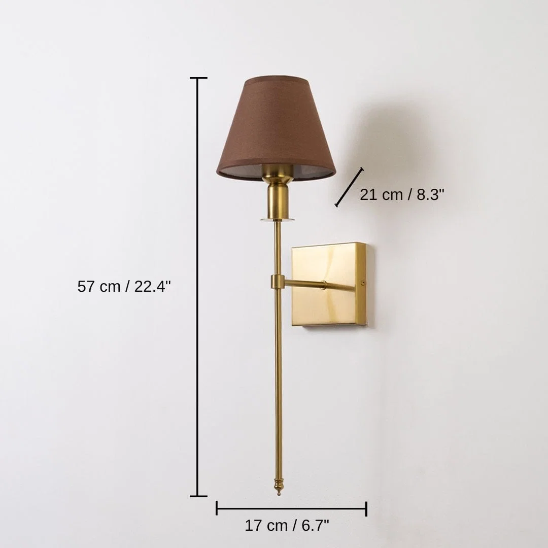 Gold wall sconce with brown shade, base 57 x 17 x 21 cm (22.4 x 6.7 x 8.3 inches), canopy 10 x 10 cm (3.9 x 3.9 inches) dimensions