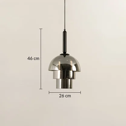 Smoky glass and black metal pendant light dimension image with 26 cm width and 46 cm height for dining room placement.