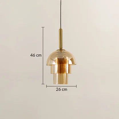 Amber glass and gold metal pendant light dimension image with 26 cm width and 46 cm height for luxury dining placement.
