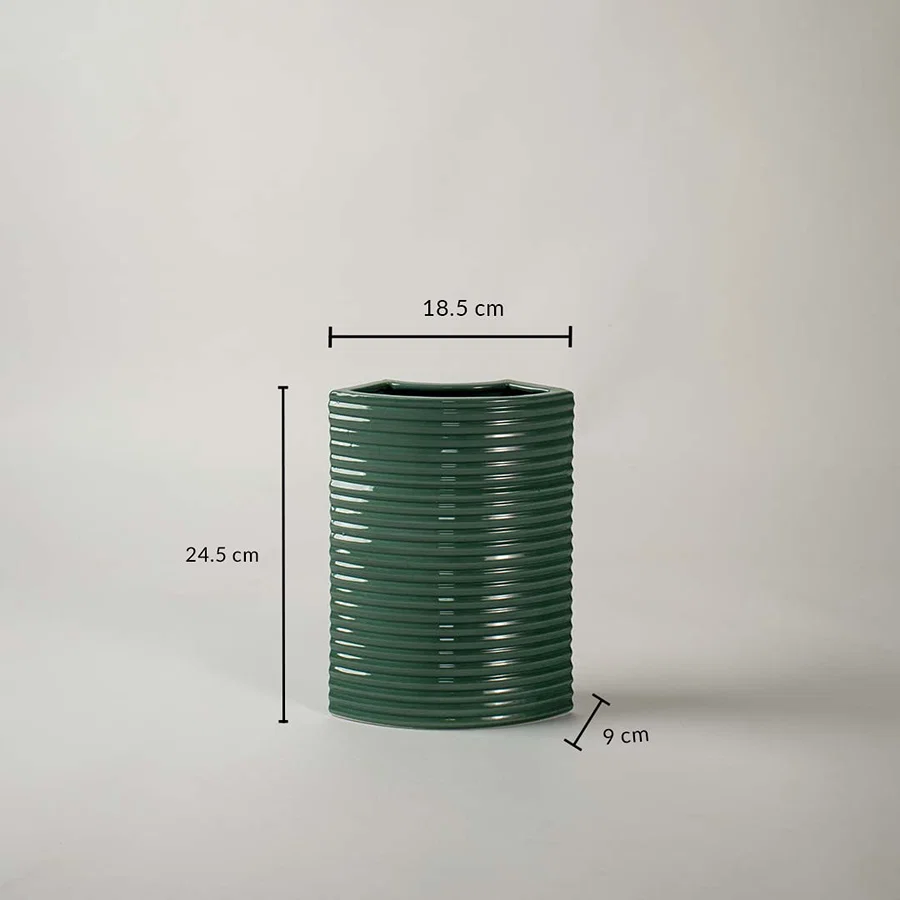 Dark green ceramic planter with 24.5 cm height and 18.5 cm width shown clearly for accurate size reference and decor planning.