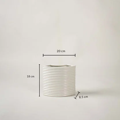 White ceramic planter with 18 cm height and 20 cm width shown clearly for accurate size reference and decor planning needs.