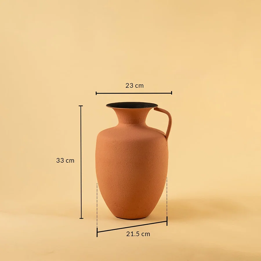 Terracotta metal jug vase decor with width 23 cm depth 21.5 cm and height 33 cm shown clearly for accurate size reference.