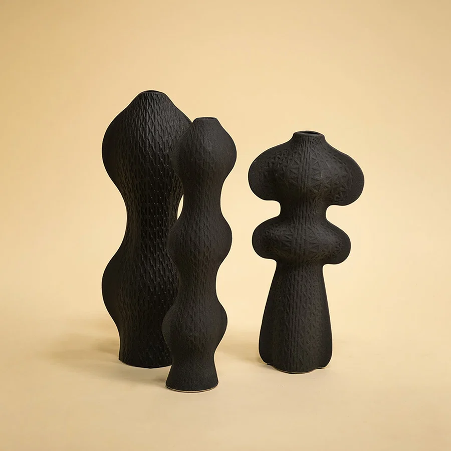 Set of black ceramic decorative vases with artistic organic forms for contemporary shelf styling and home decor displays.