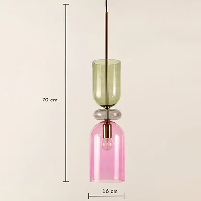Pink and green glass pendant light dimension image with 18 cm width and 70 cm height for bedside placement.