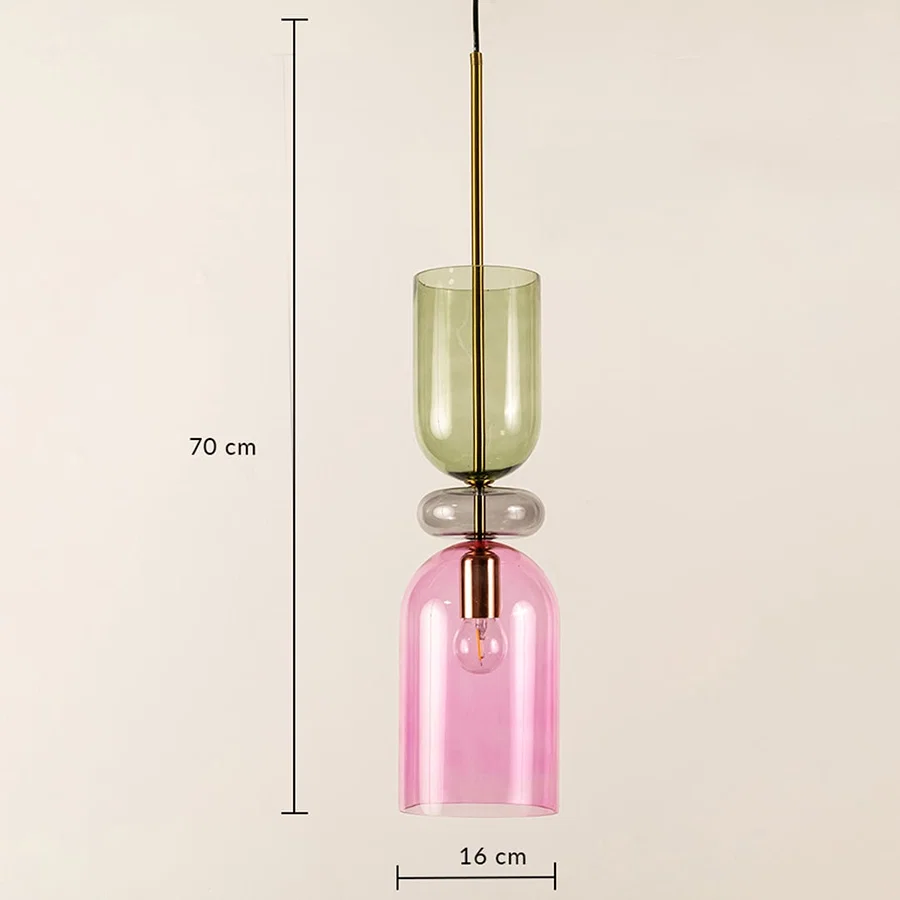 Pink and green glass pendant light dimension image with 18 cm width and 70 cm height for bedside placement.