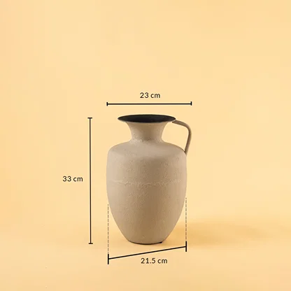 Cream metal jug vase decor with width 23 cm depth 21.5 cm and height 33 cm shown clearly for accurate size reference.