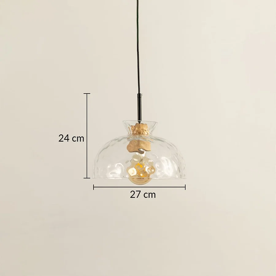 Clear glass and brass pendant light dimension image with 27 cm width and 24 cm height for modern dining placement.