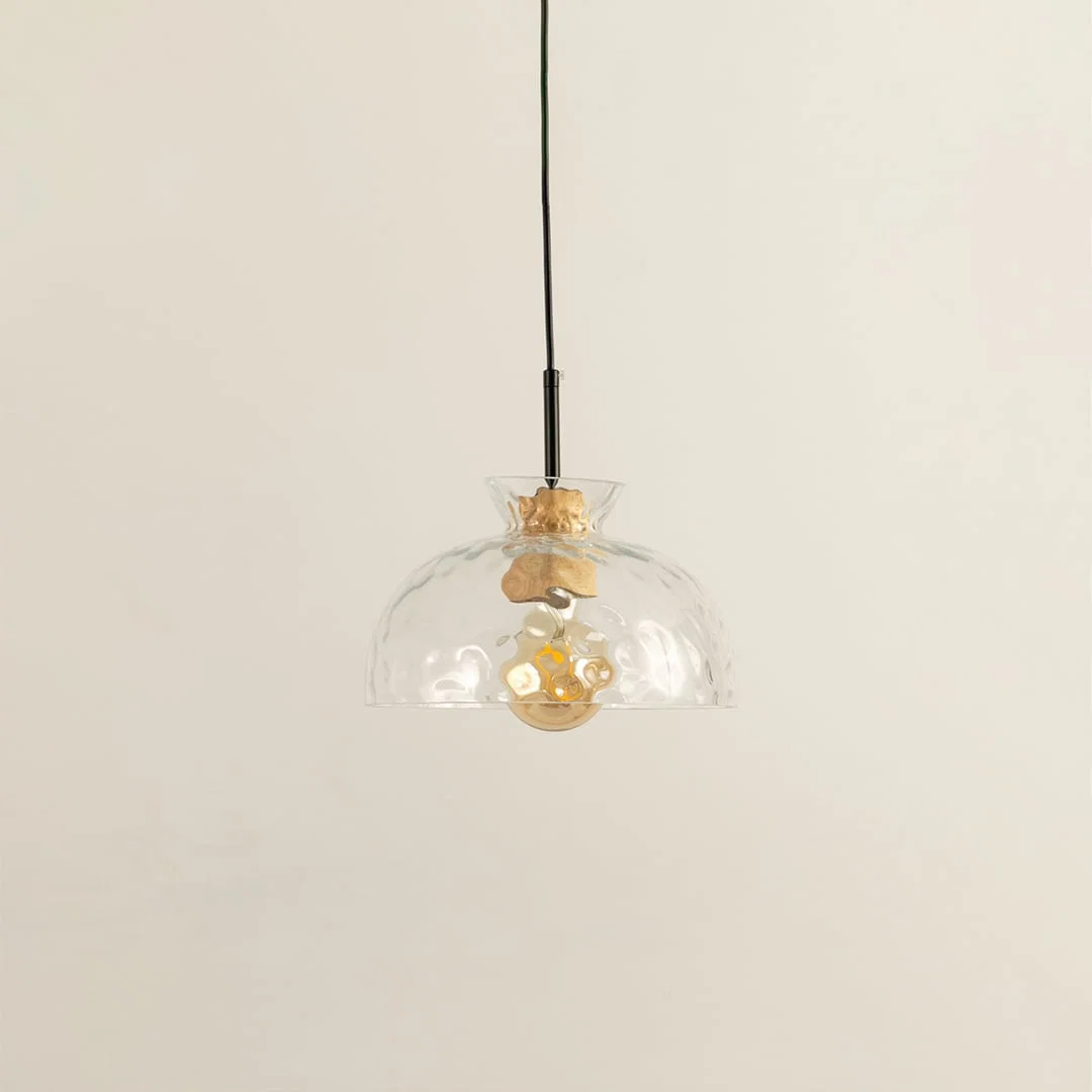 Clear artistic glass and brass metal pendant light with vintage charm for refined home interiors.