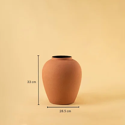 Terracotta textured metal vase shown with 33 cm height and 28.5 cm width offering a clear accurate size reference.