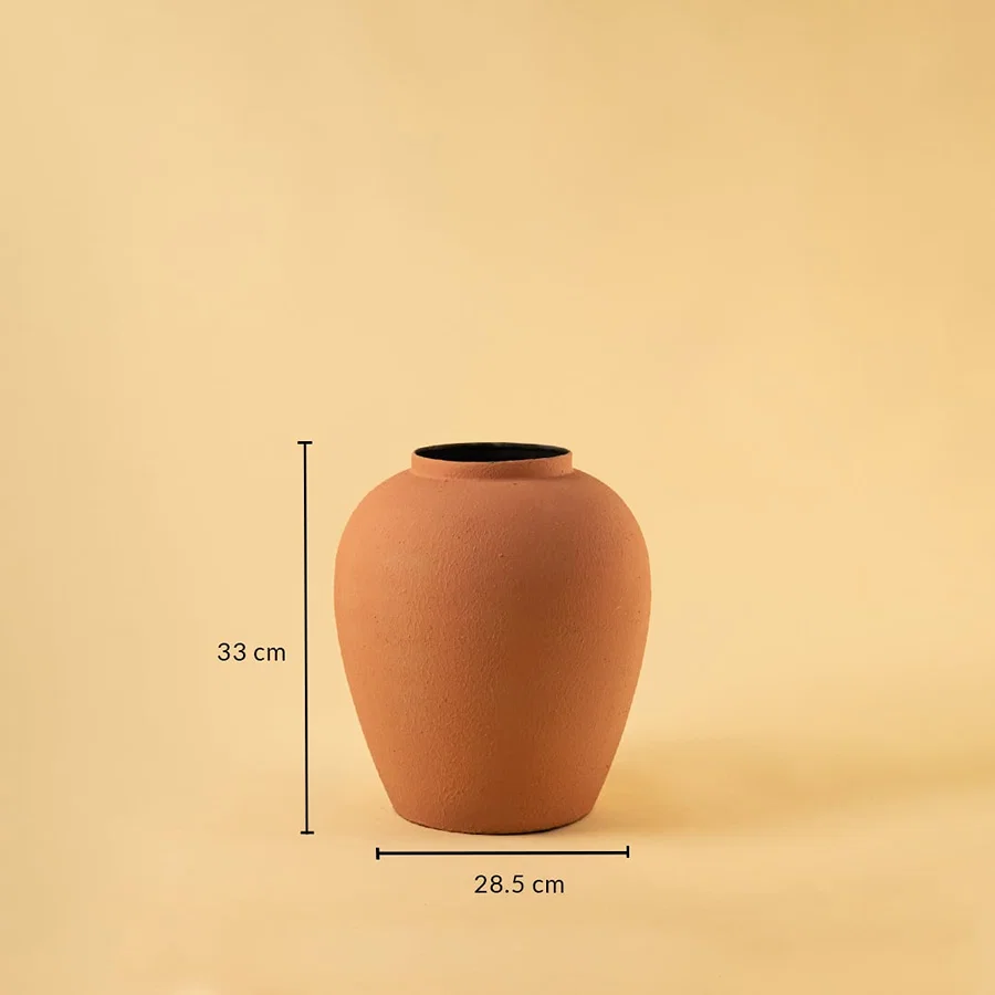 Terracotta textured metal vase shown with 33 cm height and 28.5 cm width offering a clear accurate size reference.