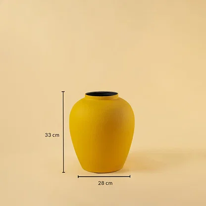 Yellow textured metal vase shown with 33 cm height and 28 cm width offering a clear accurate size reference.