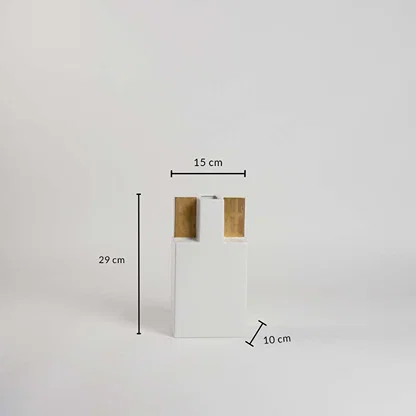 White ceramic vase with gold detailing shown with measurements 29 cm height  15 cm width  and 10 cm depth on a clean white background.