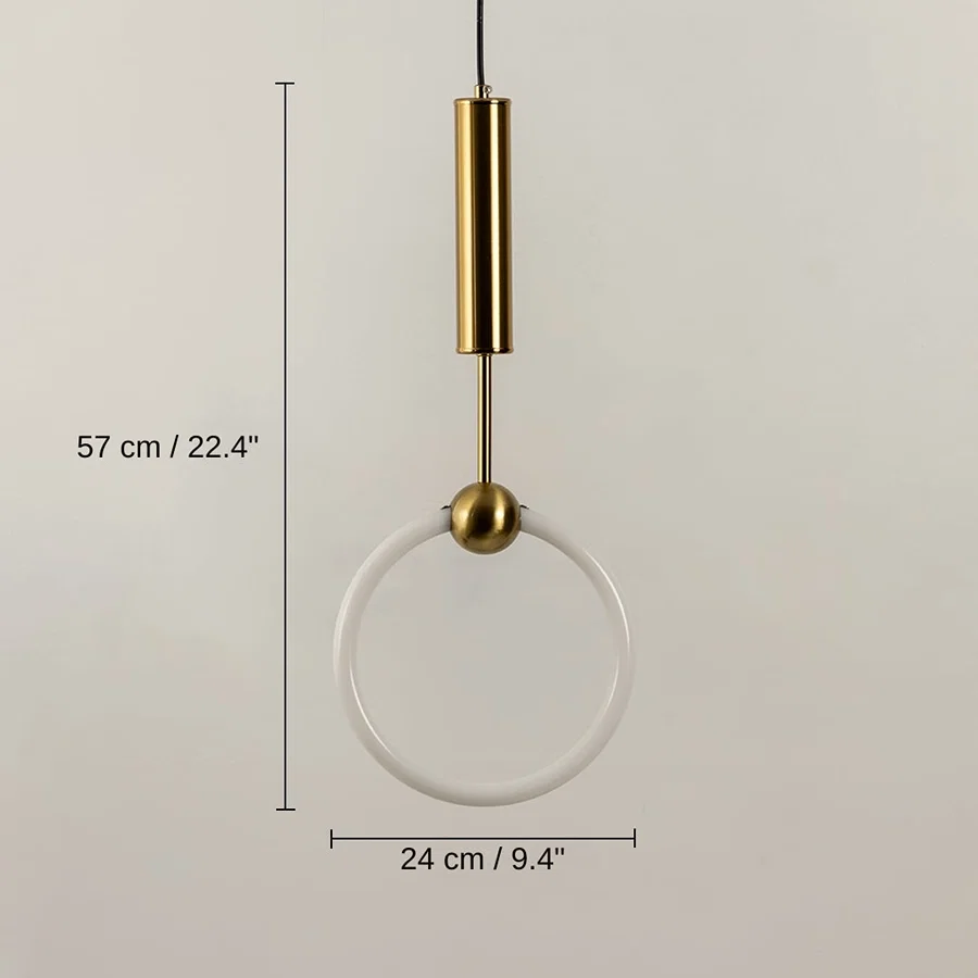 Gold metal ring pendant light, 57 x 24 x 24 cm (22.4 x 9.4 x 9.4 inches) dimensions