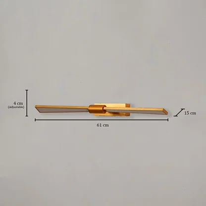 Gold metal picture light measuring 61 cm wide and 15 cm deep designed for illuminating paintings and framed artwork.