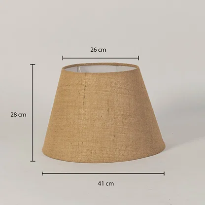 Dimension image of natural jute fabric lampshade showing 28 cm height with 41 cm base diameter and 26 cm top diameter.