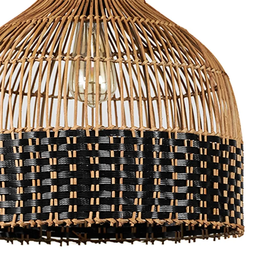 Closeup of two tone woven rattan pendant light showcasing black accents and handcrafted texture details.