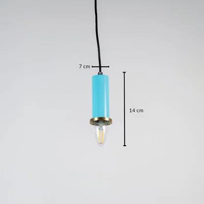 Blue metal pendant light measuring 7 cm width and 14 cm height crafted for modern ceiling lighting decor.