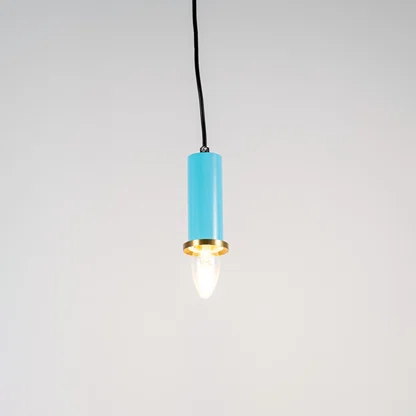 Blue metal pendant light with brass accents and minimalist cylindrical design for contemporary ceiling lighting decor.