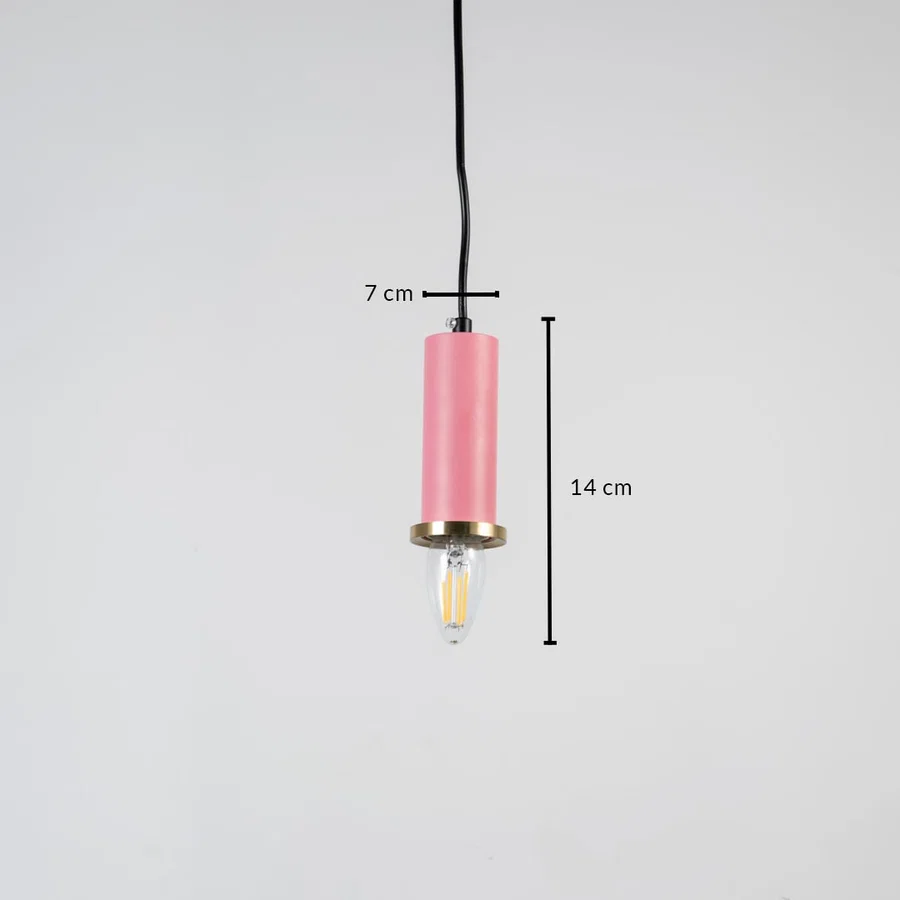 Pink metal pendant light measuring 7 cm width and 14 cm height crafted for modern ceiling lighting decor.