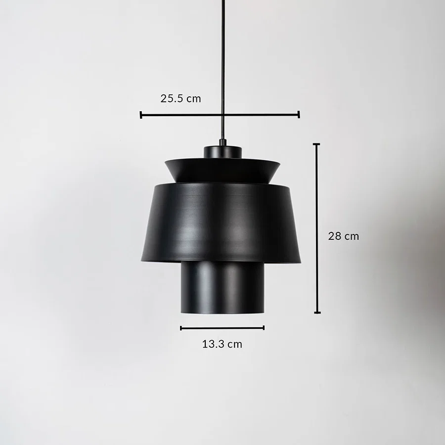 Black metal pendant light measuring 25.5 cm width and 24 cm height crafted for stylish ceiling lighting decor.