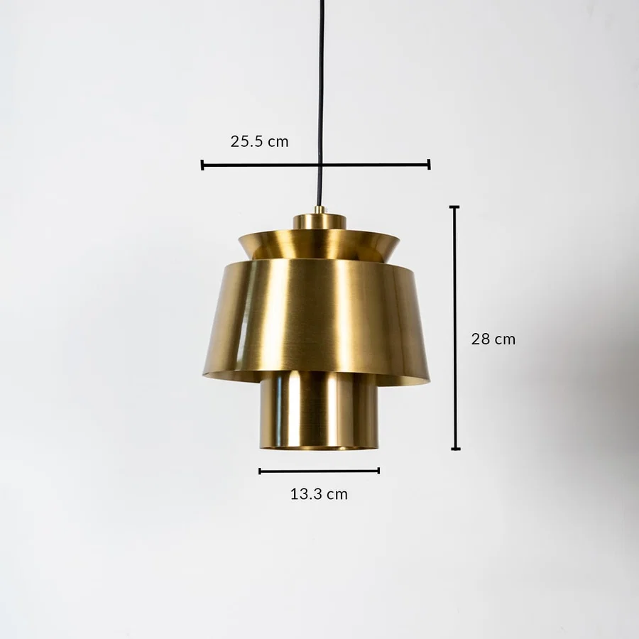 Brass metal pendant light measuring 25.5 cm width and 24 cm height crafted for sophisticated ceiling lighting decor.