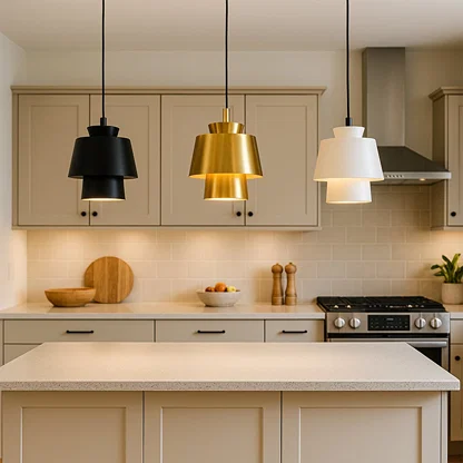 Black white and brass metal pendant lights above kitchen island creating a modern luxury lighting statement.