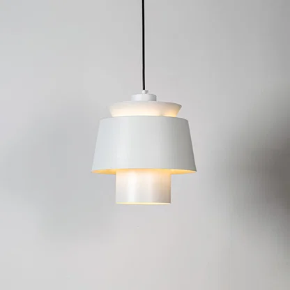 White metal pendant light with layered geometric design and matte finish for sophisticated ceiling lighting decor.
