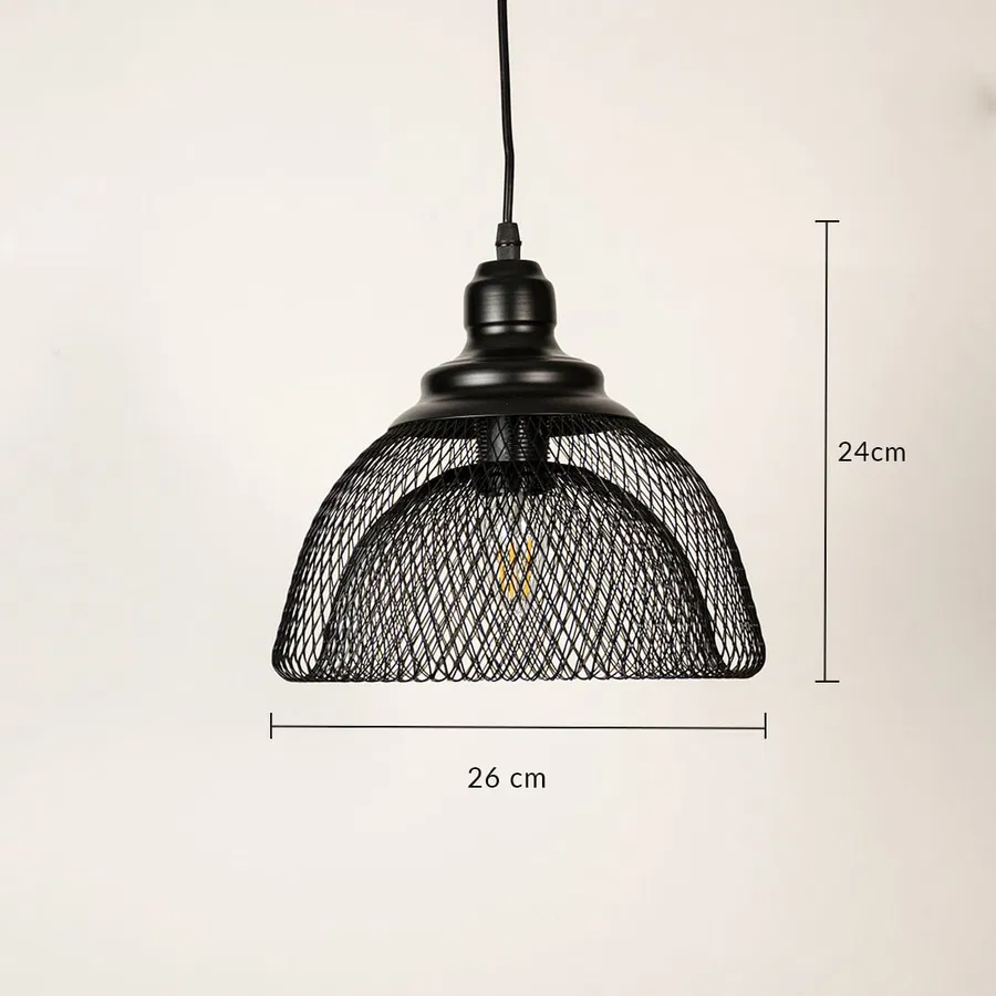 Black metal mesh dome pendant light dimension image with 26 cm width and 24 cm height for modern kitchen placement.