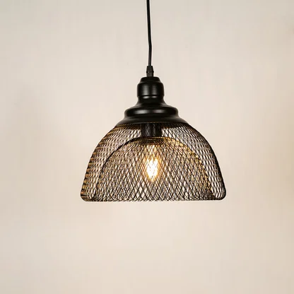 Black metal mesh pendant light illuminated to showcase industrial ceiling lighting with warm glow and modern appeal.