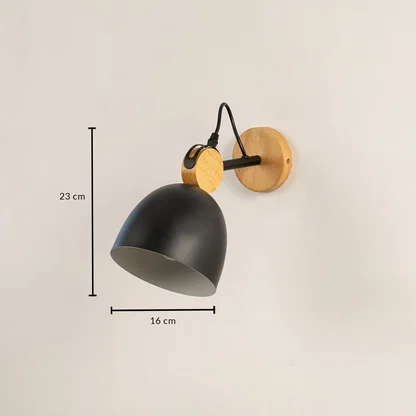 Nordic black metal and wood dome wall lamp showing height measurements of twenty-three centimeters on a plain background.
