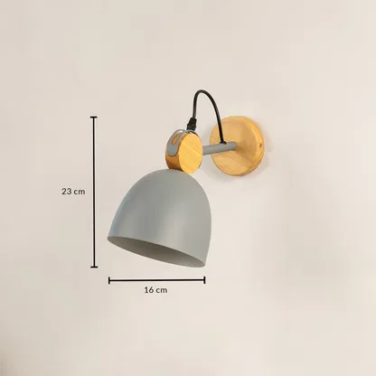 Nordic grey metal and wood dome wall lamp showing height measurements of twenty-three centimeters on a plain background.