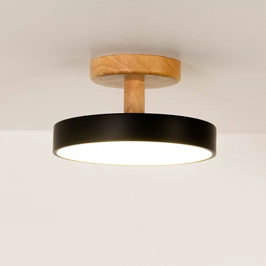 Modern black metal and natural wood ceiling light for stylish hallway bedroom and contemporary decor spaces.