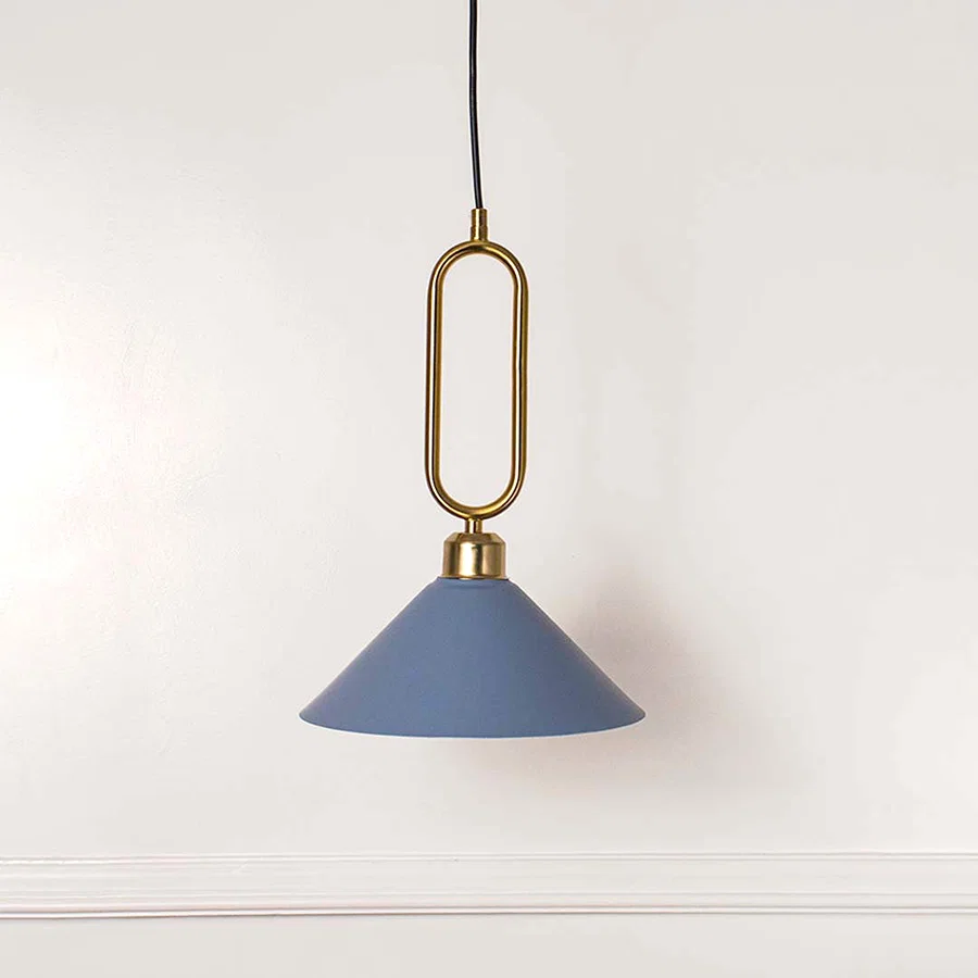 Elegant blue cone shaped pendant light with gold metal frame suspended against minimal wall background ideal for modern decorative lighting.