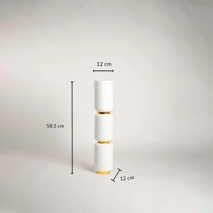 White and gold vase shown with measurements featuring 58 cm height and 12 cm top and base diameter clearly displaying its tall textured structure.