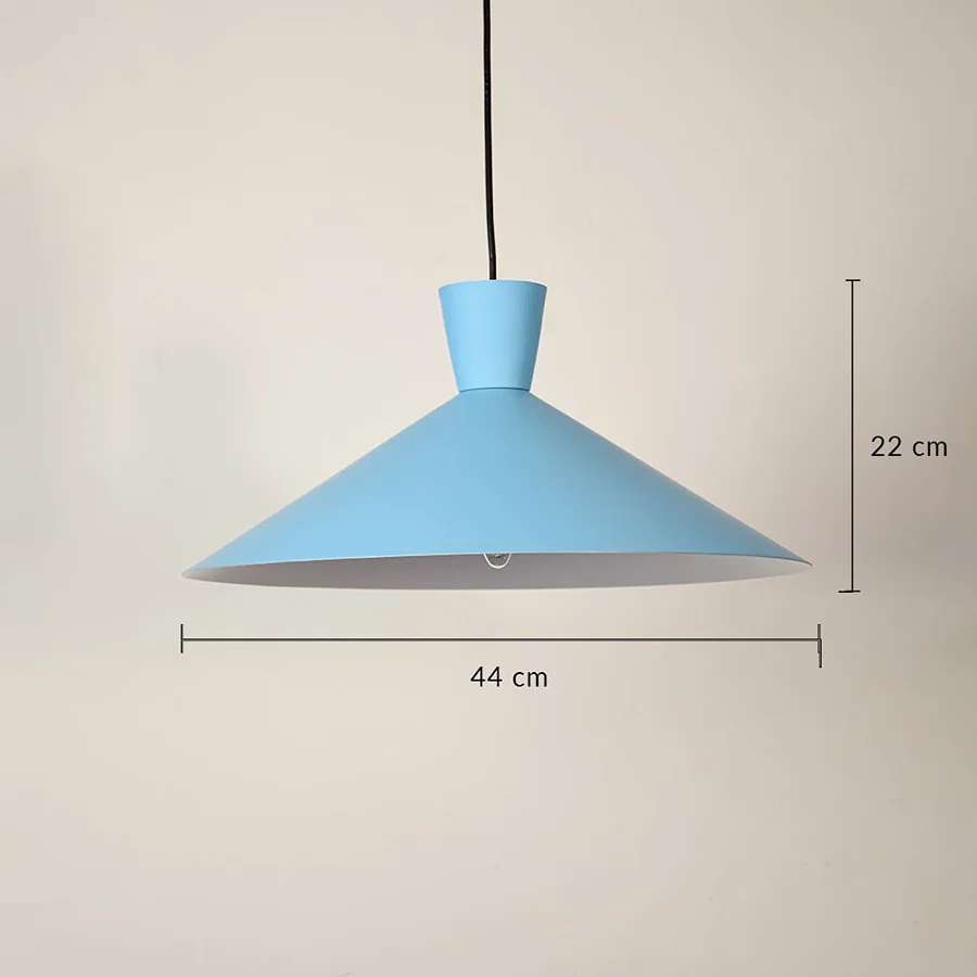 Sky blue metal cone pendant light dimension image with 44 cm width and 22 cm height for kitchen island placement.