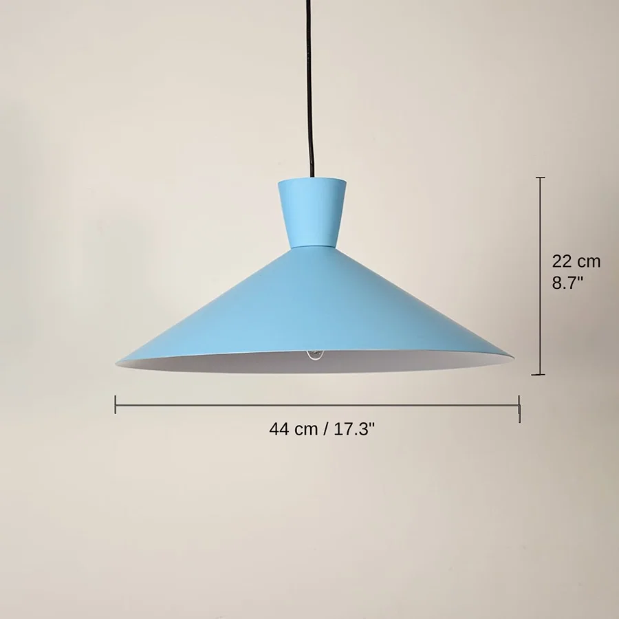 Sky blue metal cone pendant light, 22 x 44 x 44 cm (8.7 x 17.3 x 17.3 inches) dimensions