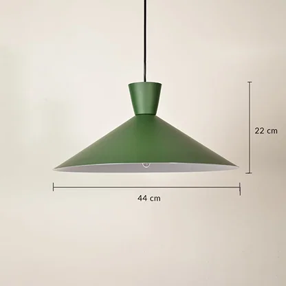 Green metal cone pendant light dimension image with 44 cm width and 22 cm height for dining room placement.