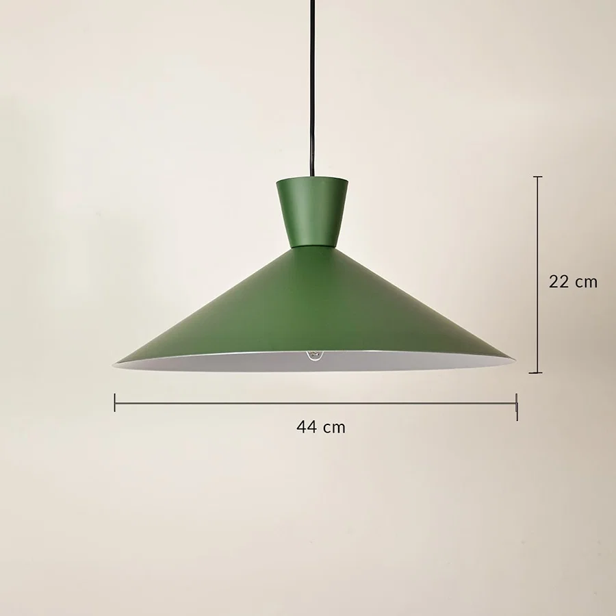Green metal cone pendant light dimension image with 44 cm width and 22 cm height for dining room placement.