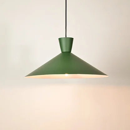 Green metal pendant light illuminated to display contemporary ceiling lighting with elegant minimalist design appeal.