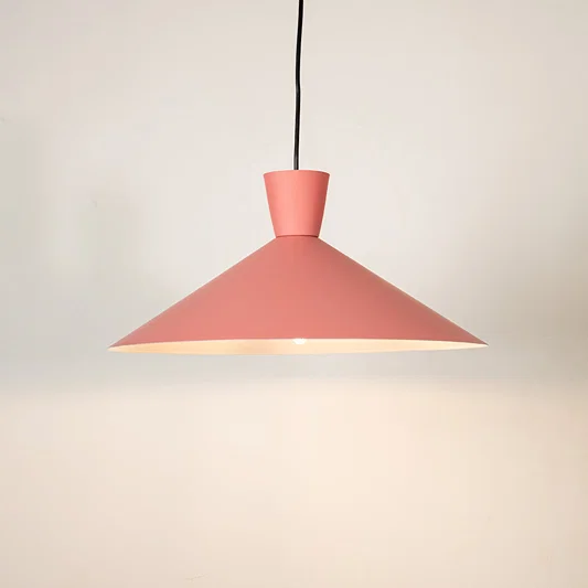 Terracotta metal pendant light illuminated to showcase modern ceiling lighting with stylish contemporary appeal.