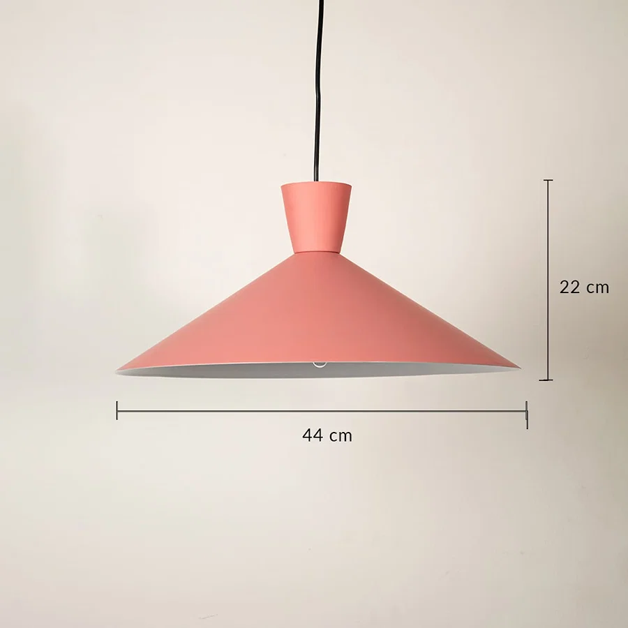 Pink metal cone pendant light dimension image with 44 cm width and 22 cm height for modern cafe placement.