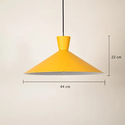 Yellow metal cone pendant light dimension image with 44 cm width and 22 cm height for modern cafe placement.