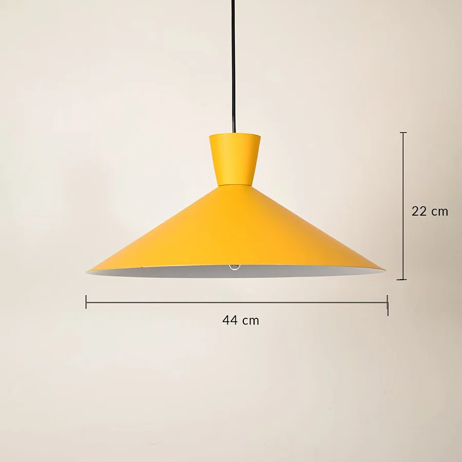 Yellow metal cone pendant light dimension image with 44 cm width and 22 cm height for modern cafe placement.