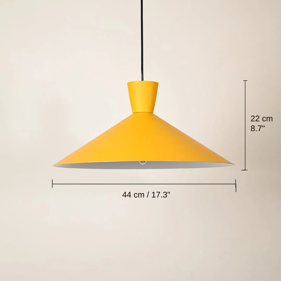 Yellow metal cone pendant light, 22 x 44 x 44 cm (8.7 x 17.3 x 17.3 inches) dimensions
