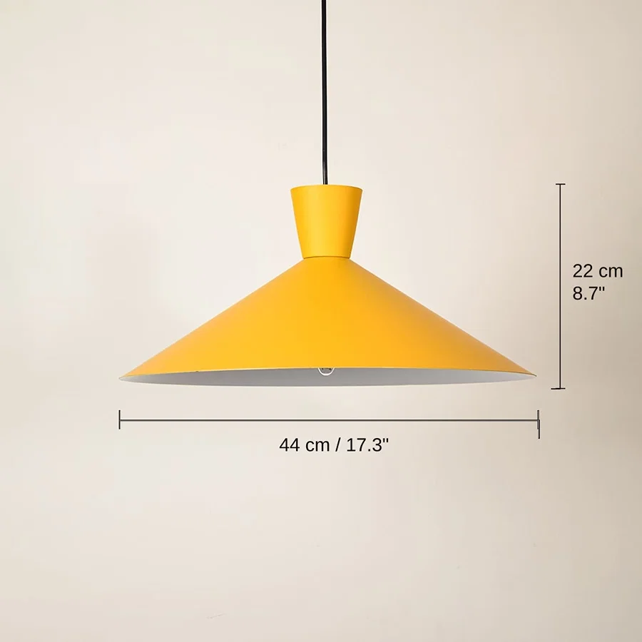 Yellow metal cone pendant light, 22 x 44 x 44 cm (8.7 x 17.3 x 17.3 inches) dimensions