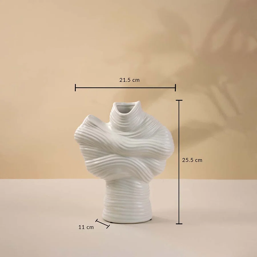 White ceramic sculptural vase shown with 25.5 cm height and 21.5 cm width measurement for elegant home decoration.