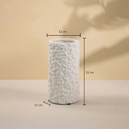 White textured cylindrical ceramic vase with 22 cm height and 12 cm width displayed on white background.