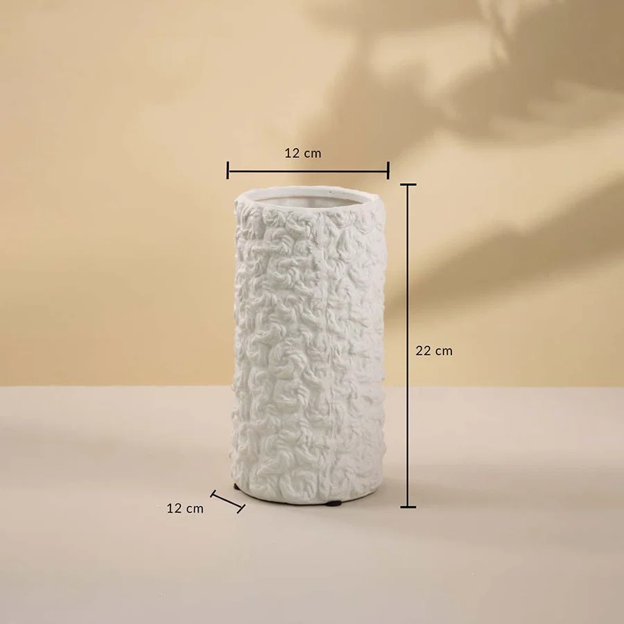 White textured cylindrical ceramic vase with 22 cm height and 12 cm width displayed on white background.