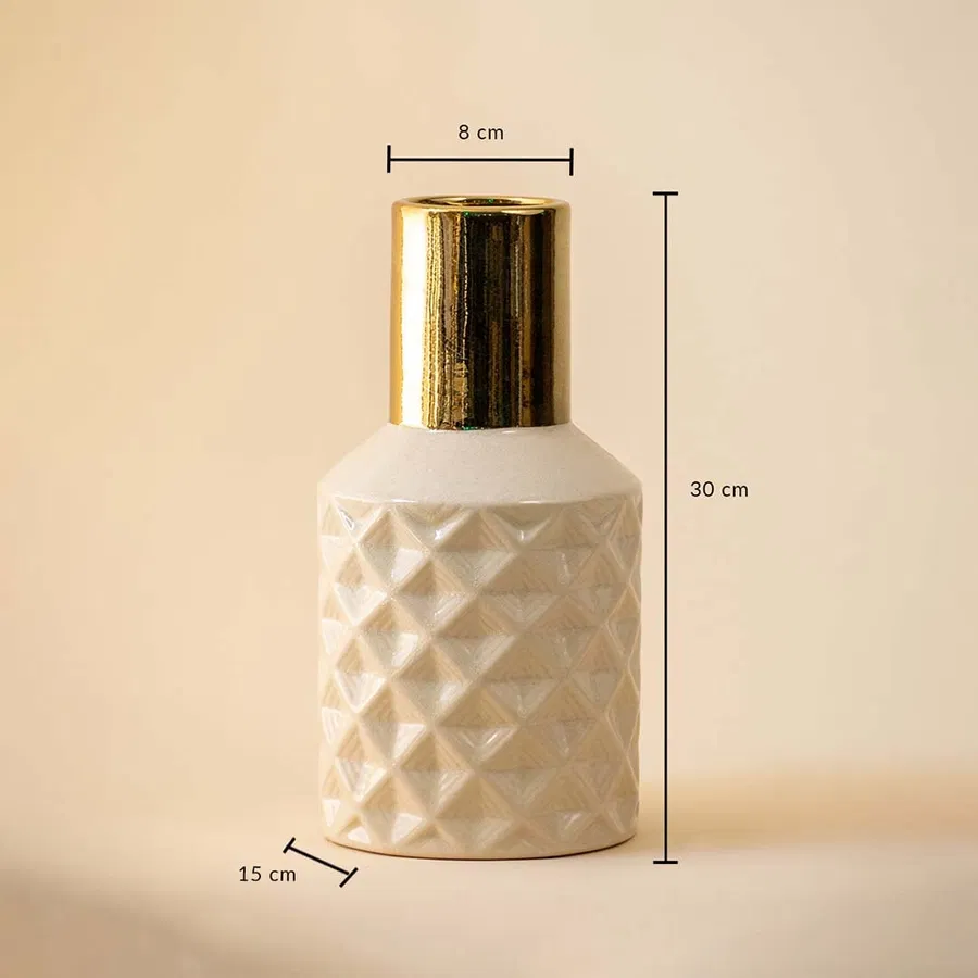 Ivory ceramic vase with gold neck featuring 30 cm height 15 cm base width and 8 cm top diameter displayed on beige background.
