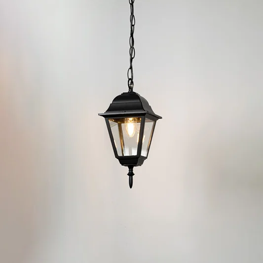 Contemporary black metal hanging lantern light with clear glass shade for balcony and patio lighting.